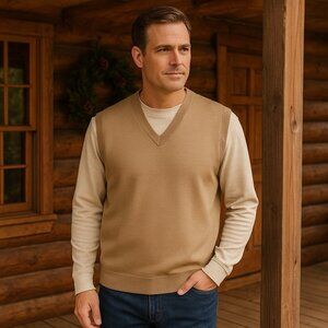 James Pringle Weavers of Inverness 100% Wool V-Neck Sweater Vest Tan Old Money L